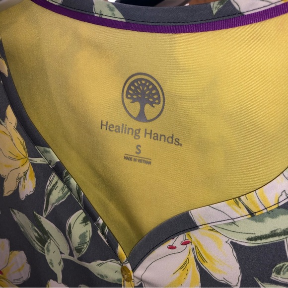 Healing Hands Purple Label Two Button Jewel Neck grey yellow floral scrub top - Picture 6 of 8